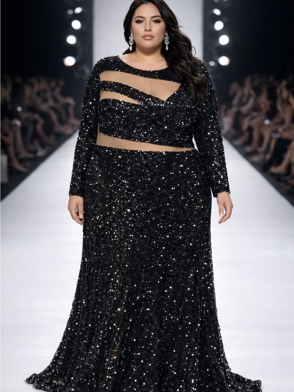 Sequin Cutout Evening Gown - Black Stretch Velvet with Sequins